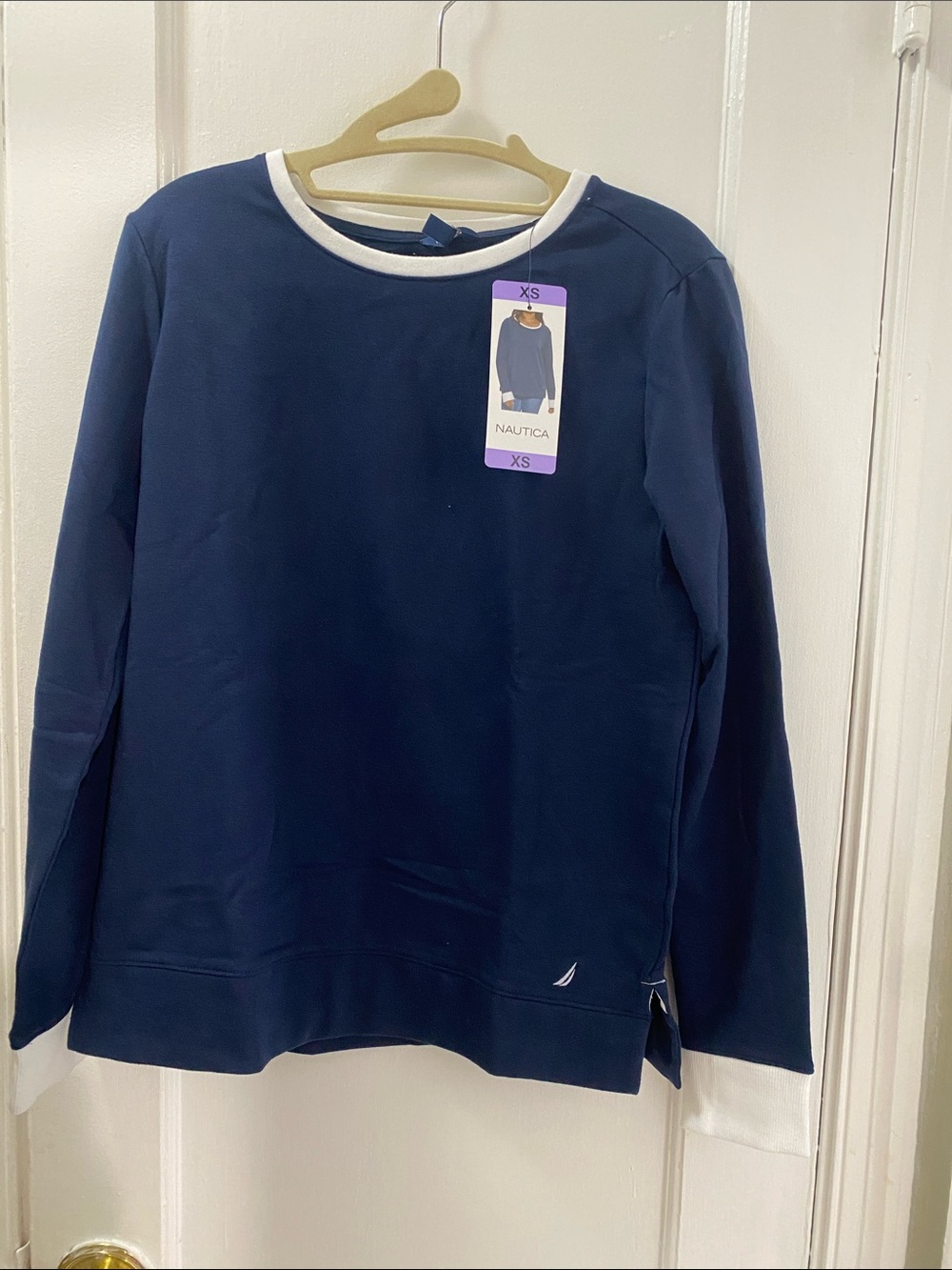 NWT Nautica Navy Blue Contrast White Trim Crewneck Sweatshirt XS